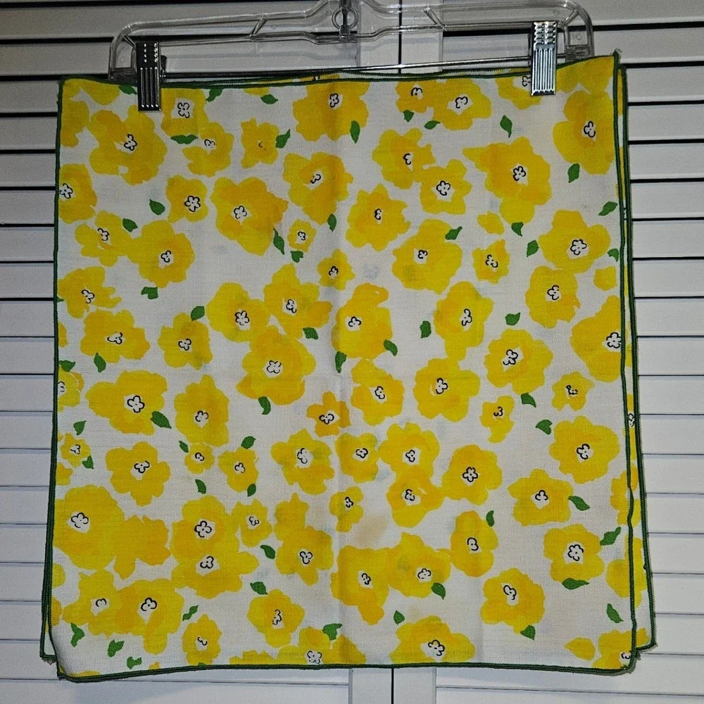 Vintage Yellow Floral Cloth Napkins Set of 8 Green Trim Retro Spring Dining
